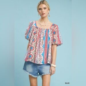 Umgee Patchwork Puff Sleeve Smocked Blouse